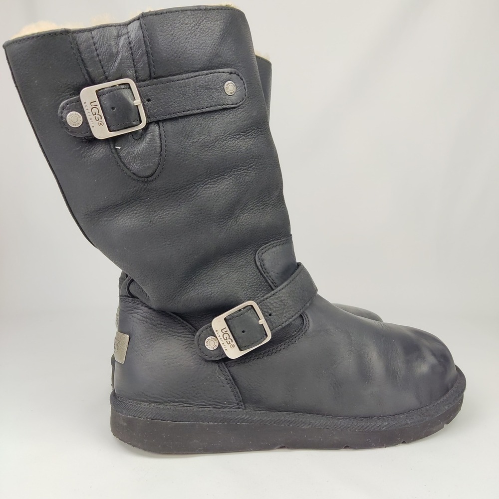 UGG Boots Women 8 Black Kensington 5678 Leather Biker Buckle Shearling Lined